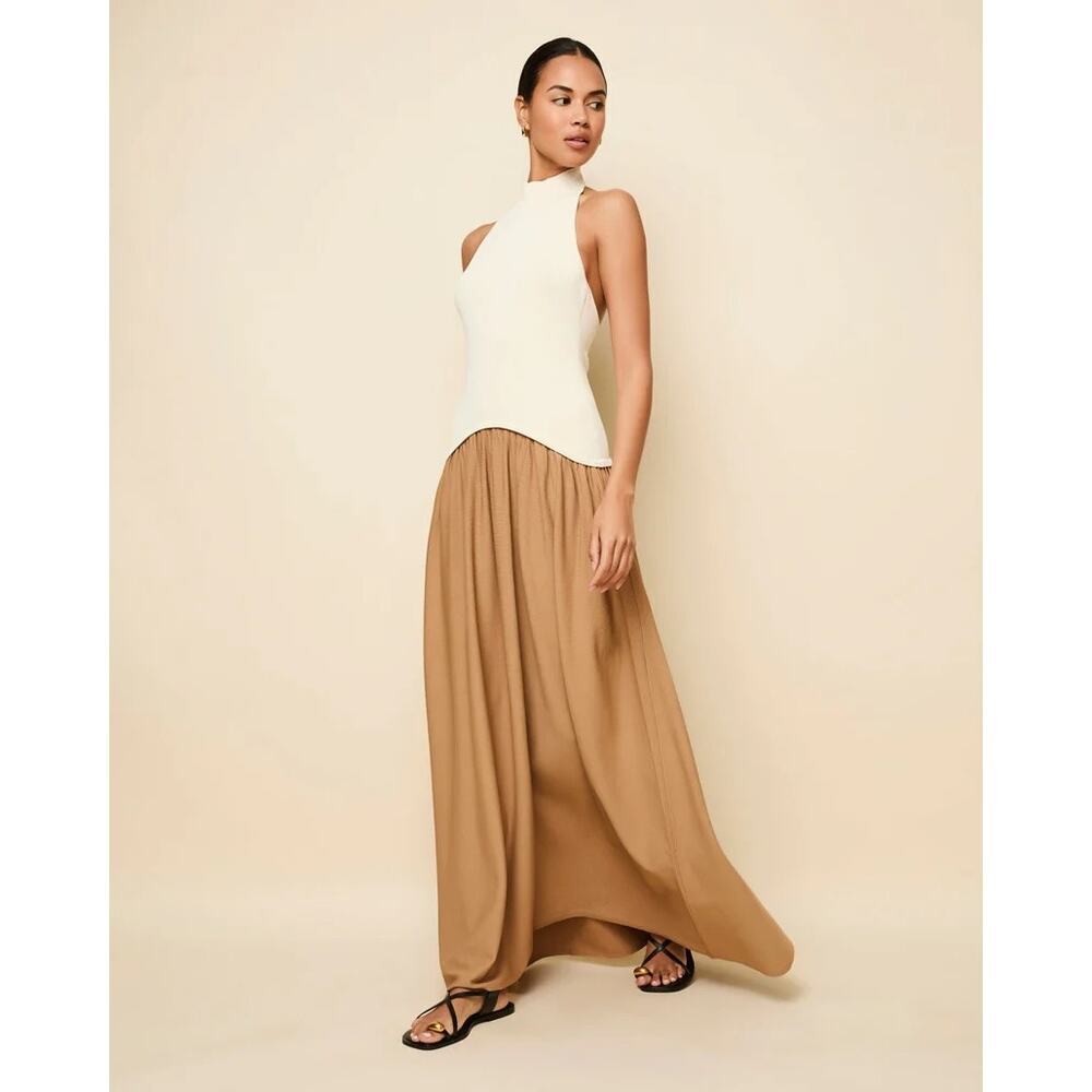 Solid & Striped Soglio Dress Sleeveless Halter Maxi Colorblock Ecru Camel XS